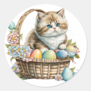 Happy Paast Cat Basket met paaseieren en bloemen Ronde Sticker
