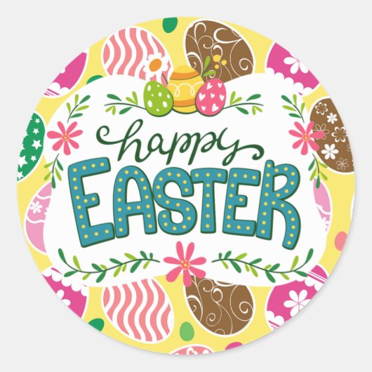 Happy Paast Colorful Easter Eggs Pattern Yellow Ronde Sticker (Voorkant)