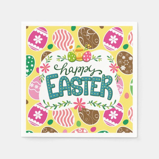 Happy Paast Colorful Easter Eggs Pattern Yellow Servet (Voorkant)