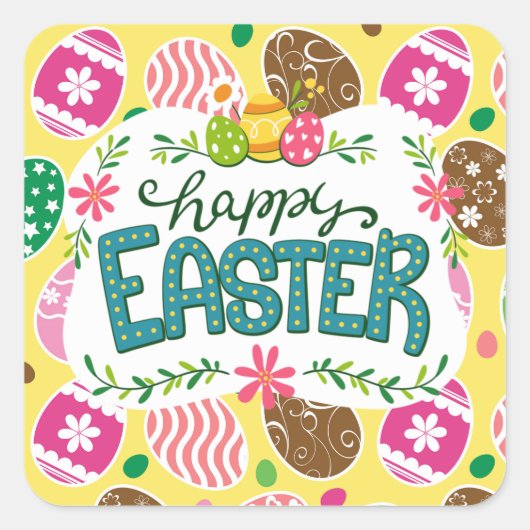 Happy Paast Colorful Easter Eggs Pattern Yellow Vierkante Sticker (Voorkant)