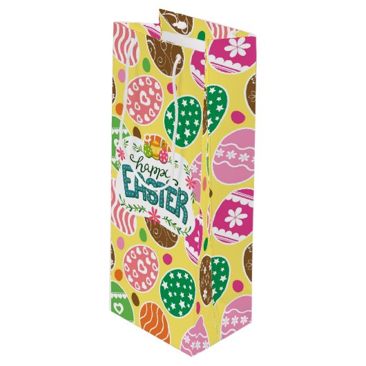 Happy Paast Colorful Easter Eggs Pattern Yellow Wijn Cadeautas (Voorkant Gekanteld)