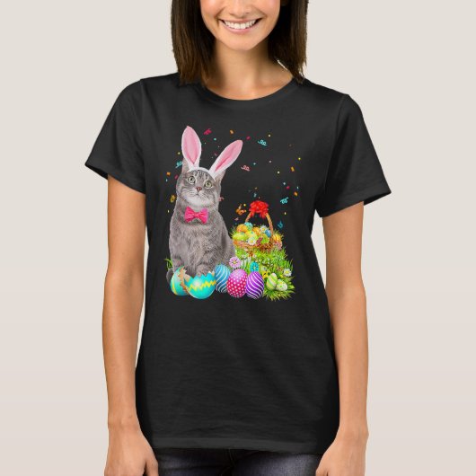 Happy Paast Cute Bunny Cat Eggs Basket Mannen Vrou T-shirt (Voorkant)