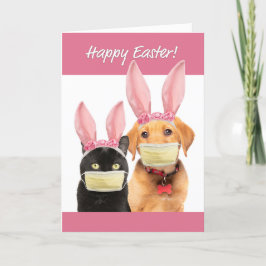 Happy Paast Cute Cat en Dog in Covid Face Mask Feestdagen Kaart