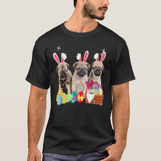 Happy Paast Drie Pug die Bunny Ear Dog draagt T-shirt (Voorkant)