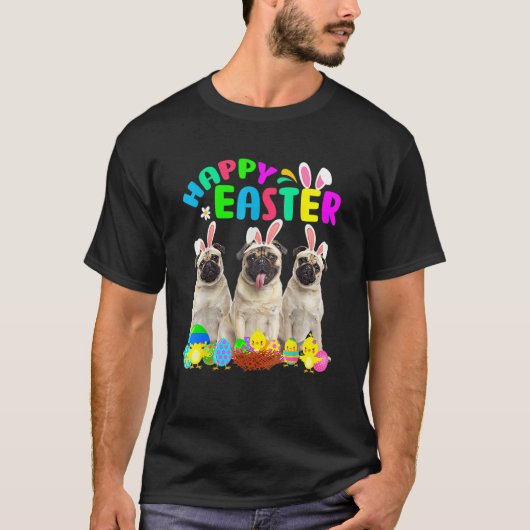 Happy Paast Drie Pug die Bunny Ear Pug draagt T-shirt (Voorkant)