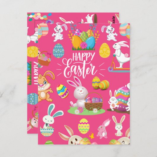 Happy Paast, grappige Bunny wil en kleurrijk Briefkaart (Voorkant / Achterkant)
