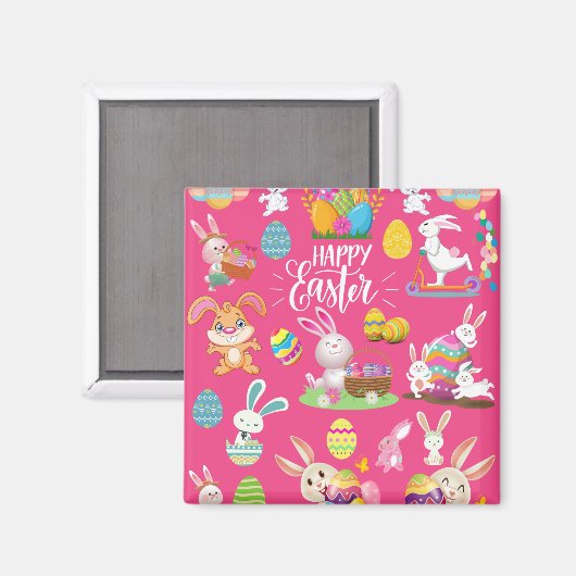 Happy Paast, grappige Bunny wil en kleurrijk Magneet (Voorkant / Achterkant)