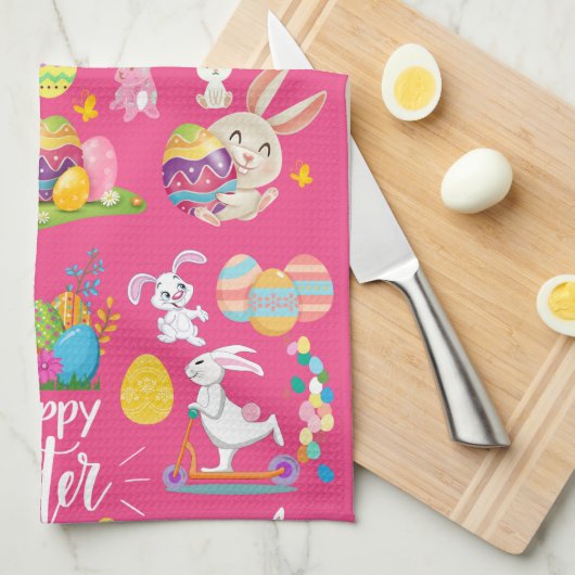 Happy Paast, grappige Bunny wil en kleurrijk Theedoek (Quarter Fold)
