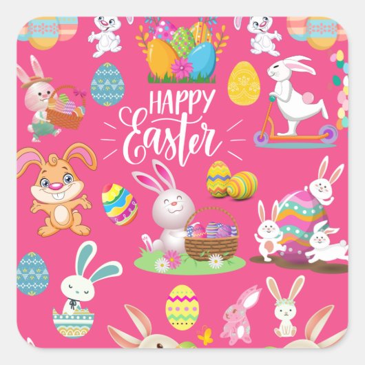 Happy Paast, grappige Bunny wil en kleurrijk Vierkante Sticker (Voorkant)
