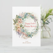 Happy Paast Happy Spring Roos Roze Floral Wreate Feestdagenkaart (Staand voorkant)