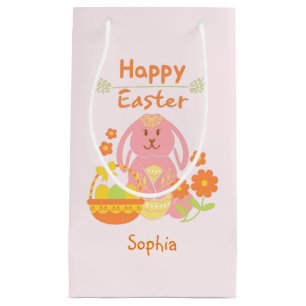 Happy Paast Pink Rabbit en Flowers Small Gift Ba Klein Cadeauzakje