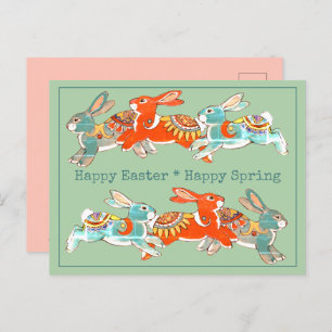 Happy Paast Spring Rabbit roze Mint Tribal Feestdagenkaart