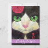 Happy Paast Tuxedo Cat Paarse Kitten Illustratie Feestdagenkaart (Voorkant)