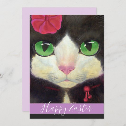 Happy Paast Tuxedo Cat Paarse Kitten Illustratie Feestdagenkaart (Voorkant / Achterkant)