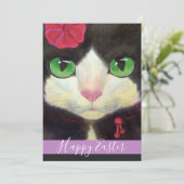 Happy Paast Tuxedo Cat Paarse Kitten Illustratie Feestdagenkaart (Staand voorkant)