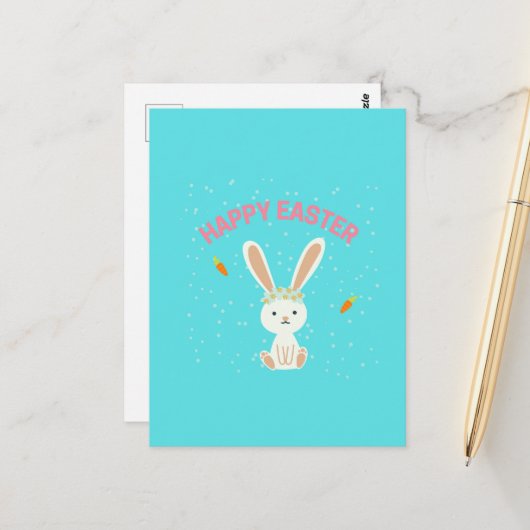 Happy Paast witte bunny op blauw Briefkaart (Voorkant / Achterkant in situ)
