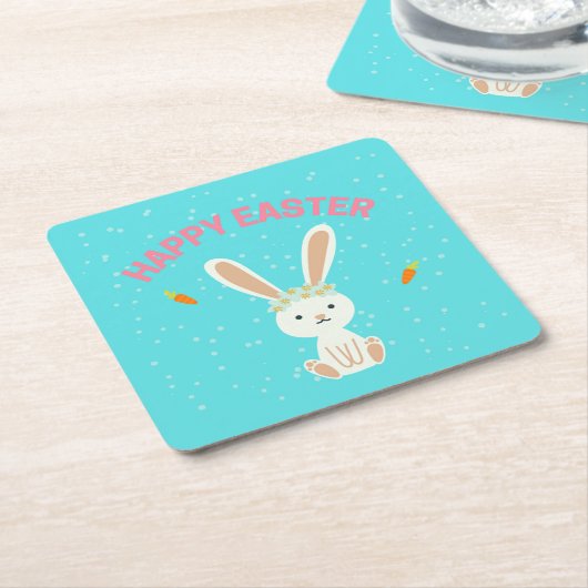 Happy Paast witte bunny op blauw Kartonnen Onderzetters (Schuin)