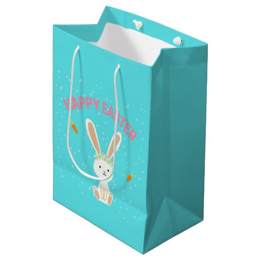 Happy Paast witte bunny op blauw Medium Cadeauzakje (Voorkant Gekanteld)