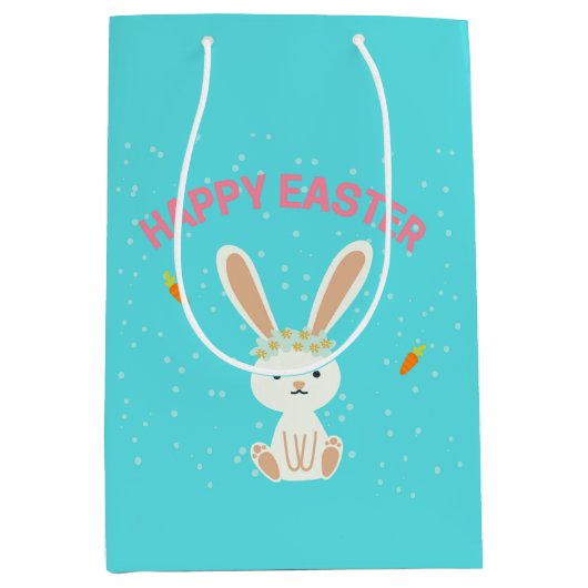 Happy Paast witte bunny op blauw Medium Cadeauzakje (Voorkant)