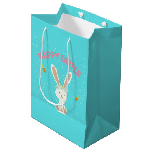 Happy Paast witte bunny op blauw Medium Cadeauzakje (Voorkant Gekanteld)