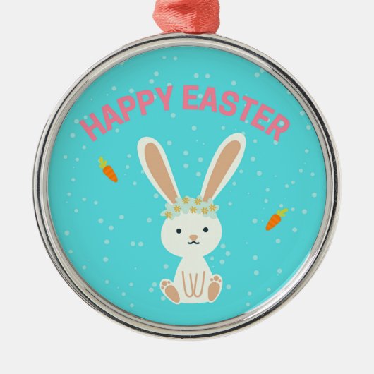 Happy Paast witte bunny op blauw Metalen Ornament (Voorkant)