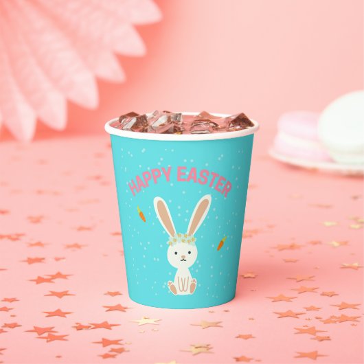 Happy Paast witte bunny op blauw Papieren Bekers (Insitu)