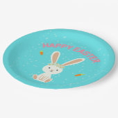 Happy Paast witte bunny op blauw Papieren Bordje (Gekanteld)