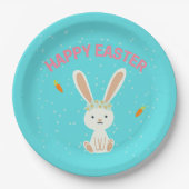 Happy Paast witte bunny op blauw Papieren Bordje (Voorkant)