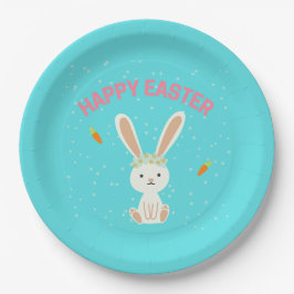 Happy Paast witte bunny op blauw Papieren Bordje