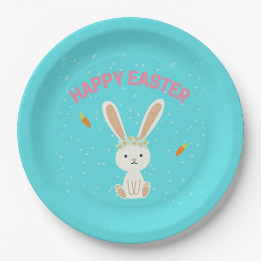Happy Paast witte bunny op blauw Papieren Bordje (Voorkant)