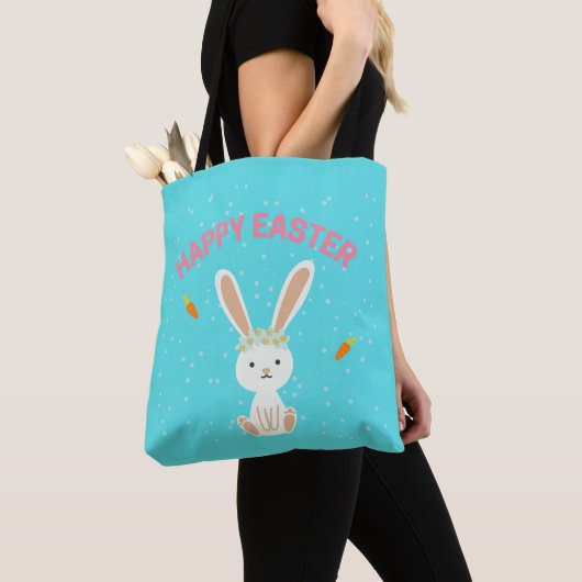 Happy Paast witte bunny op blauw Tote Bag (Dichtbij)