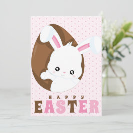 Happy Paaster Bunny Brown Egg Polka Dot Pink Feestdagenkaart