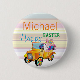 Happy Paaster Bunny Car - Gepersonaliseerde naam K Ronde Button 5,7 Cm