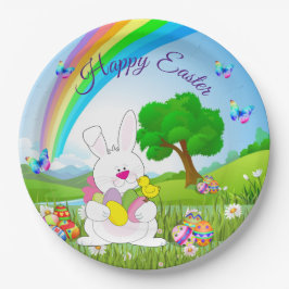 Happy Paaster Bunny Colored Eggs Cute Papieren Bordje