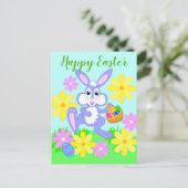 Happy Paaster Bunny Cute Cartoon Rabbit Flowers Briefkaart (Staand voorkant)