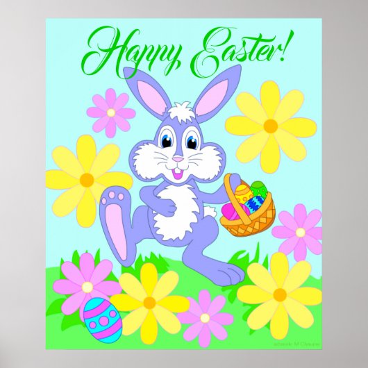 Happy Paaster Bunny Cute Cartoon Rabbit Flowers Poster (Voorkant)