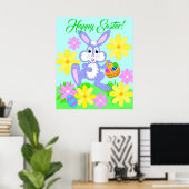 Happy Paaster Bunny Cute Cartoon Rabbit Flowers Poster (Thuiskantoor)