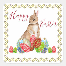 Happy Paaster Bunny Decorative Eggs Floral Elegant Vierkante Sticker