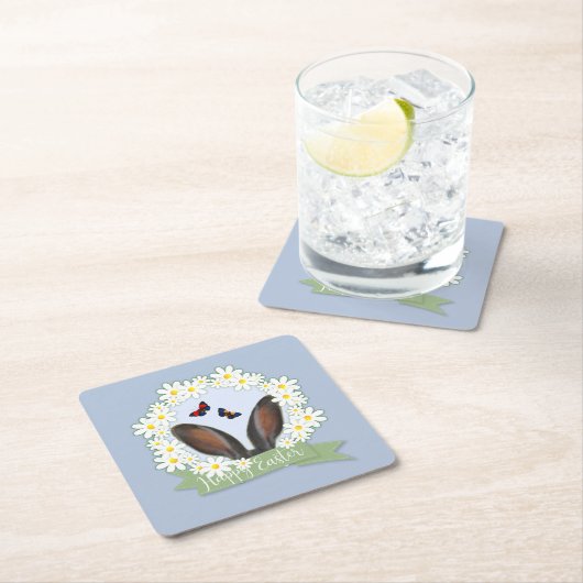 Happy Paaster Bunny Ears Daisies Wreath Kartonnen Onderzetters (Insitu)