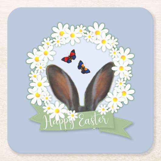 Happy Paaster Bunny Ears Daisies Wreath Kartonnen Onderzetters (Voorkant)