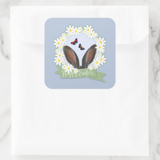 Happy Paaster Bunny Ears Daisies Wreath Vierkante Sticker (Tas)