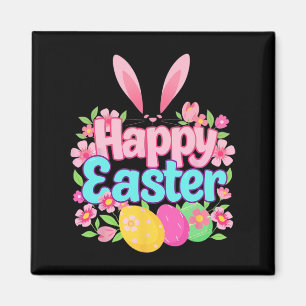 Happy Paaster Bunny Easter Outfit Egg Nest Flower Magneet