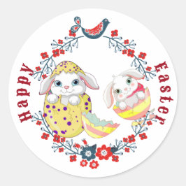 Happy Paaster Bunny Egg Floral Wreath Bird Ronde Sticker