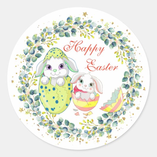Happy Paaster Bunny Egg Green Wreath Foliage Ronde Sticker (Voorkant)
