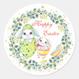 Happy Paaster Bunny Egg Green Wreath Foliage Ronde Sticker