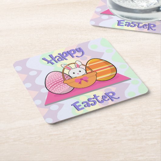 Happy Paaster Bunny Eggs Basket Cute Easter Kartonnen Onderzetters (Schuin)