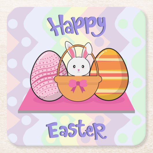 Happy Paaster Bunny Eggs Basket Cute Easter Kartonnen Onderzetters (Voorkant)