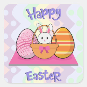 Happy Paaster Bunny Eggs Basket Cute Easter Vierkante Sticker