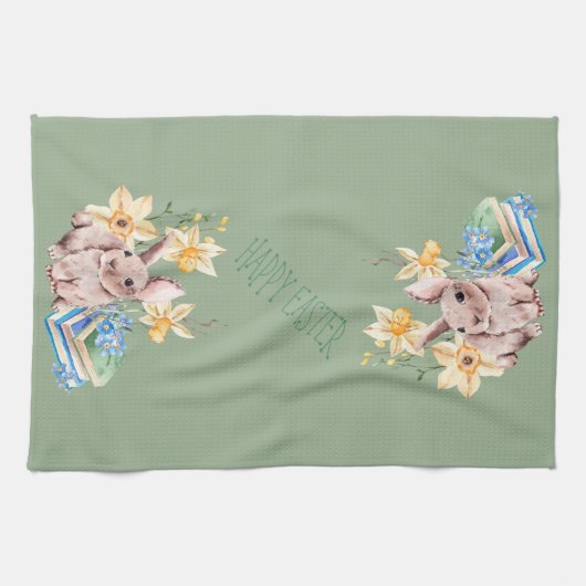 Happy Paaster Bunny en Stack of Books Theedoek (Horizontaal)