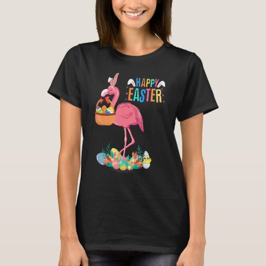 Happy Paaster Bunny Flamingo met paasemmandje T-shirt (Voorkant)